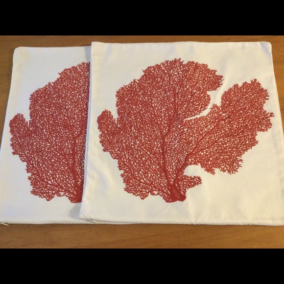 Pottery Barn embroidered Coral Pillow Covers 17 x 17 Set of Two - Picture 2 of 8